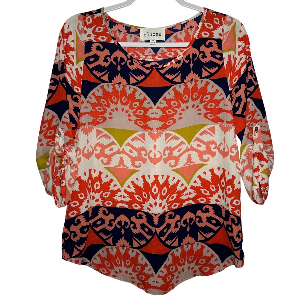 SABINE‎ Women's Geometric Print 3/4 Sleeve Blouse Top XS Made in USA